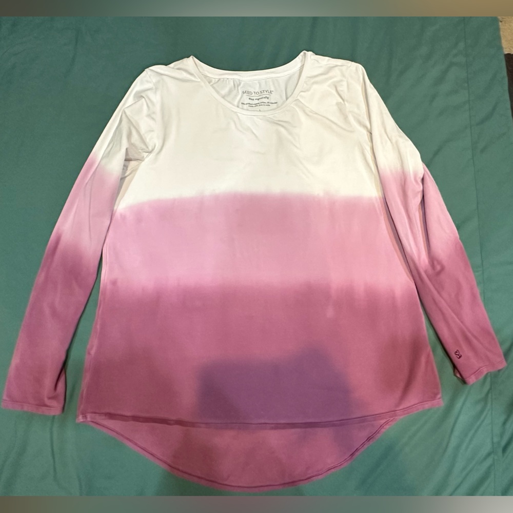 Seed to Style Organic Cotton Watercolor Print Long-Sleeve Top Pink Ombré Sz Lg